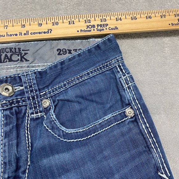 Buckle Black Jeans Mens 29 Blue 7 Fit Western Thick Stitch Flap Pockets Distress - Picture 4 of 14